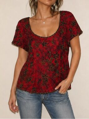 NWT Papell Boutique Evening Beaded Silk Top XL Red Y2K Formal Nordstrom